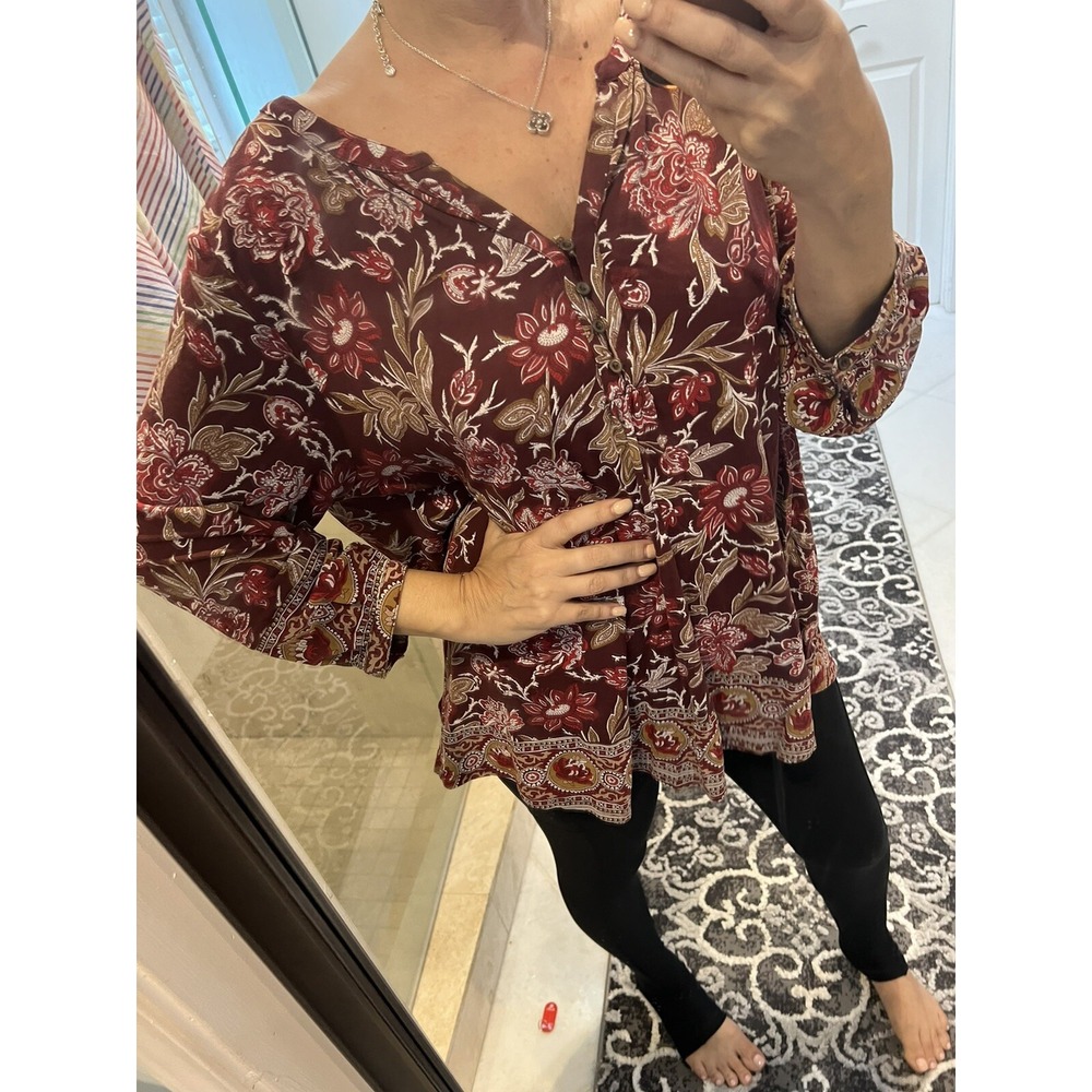 Lucky Brand Plus Size 2X Popover 3/4 Sleeve Top Wine Red Floral Paisley Viscose
